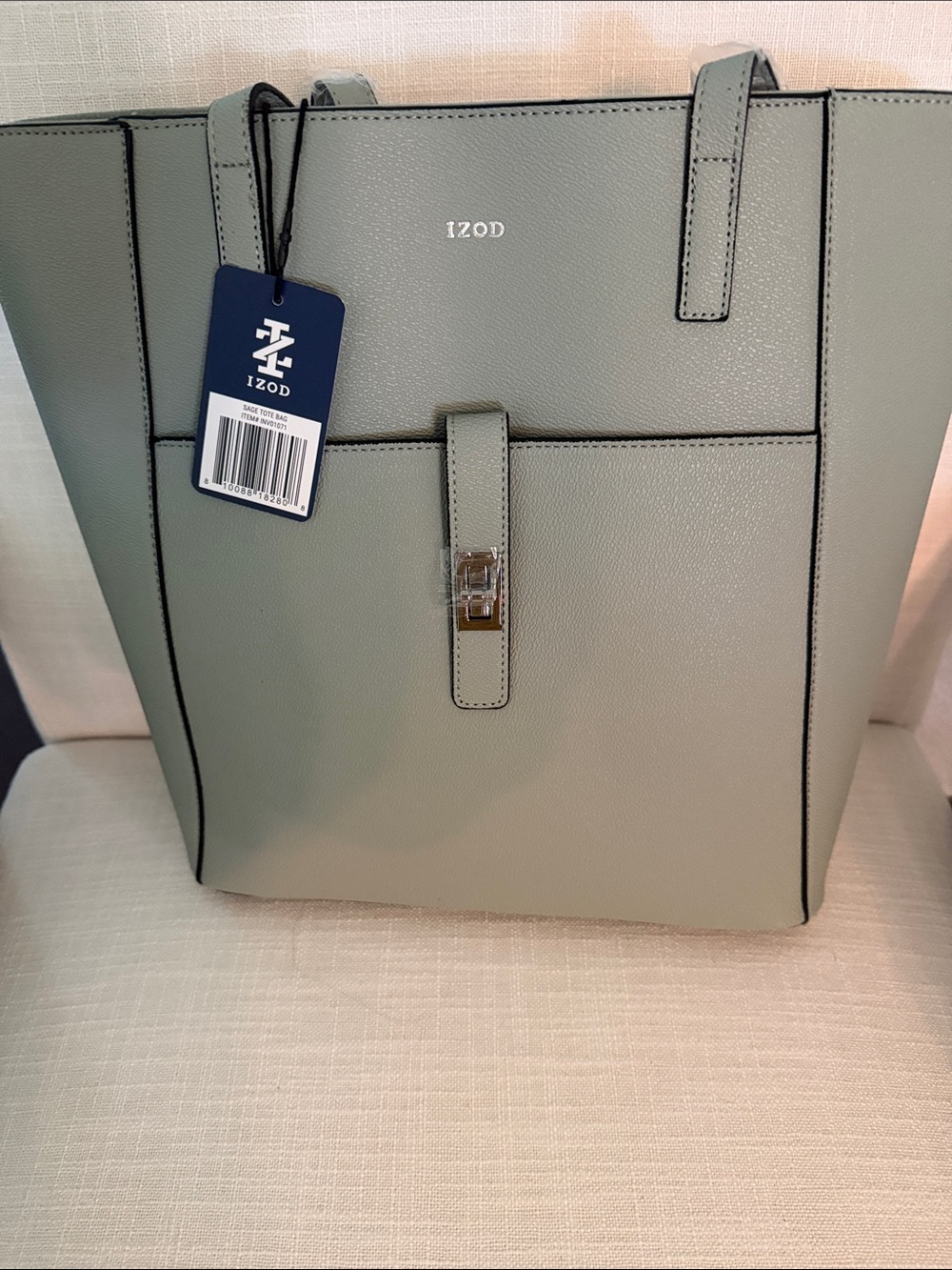 IZOD Light Sage Green Pebbled Tote with Front Pocket